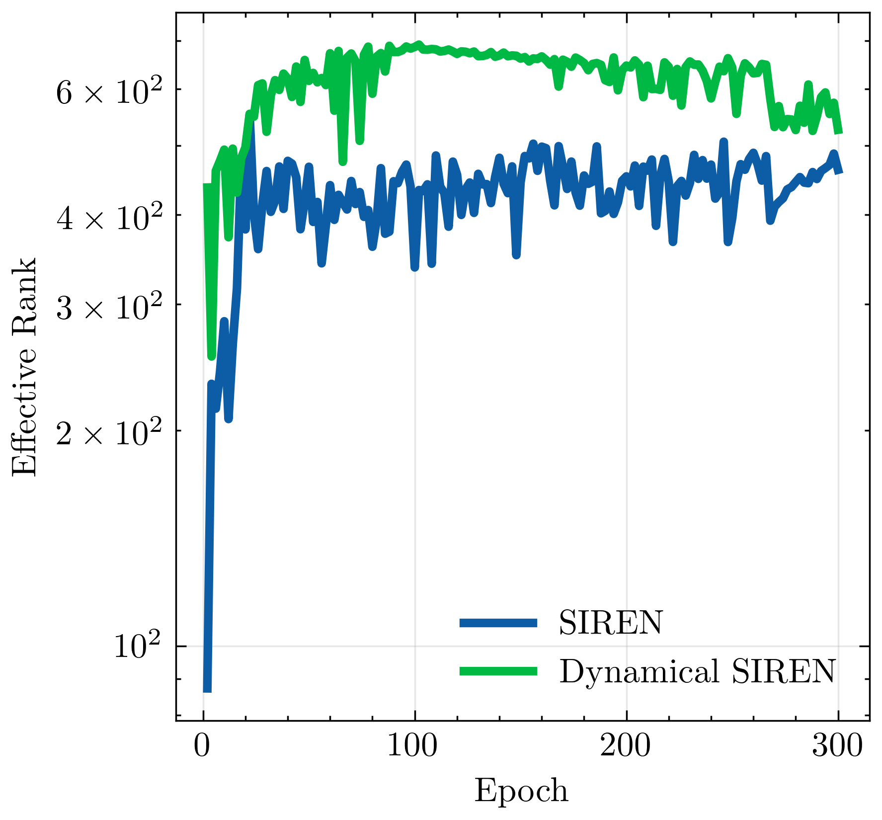 SIREN effective rank comparison showing the dynamical variant has a higher effective rank
